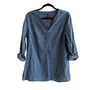 LIBERTY ART FABRICS Cotton Floral Print Popover Blouse Blue L